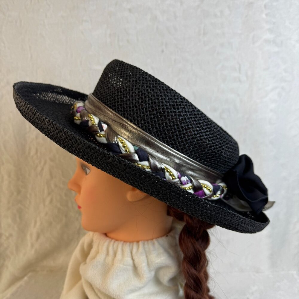 Vintage Black Straw Hat With Silver & Multicolor Braid Bow Accent Church Derby